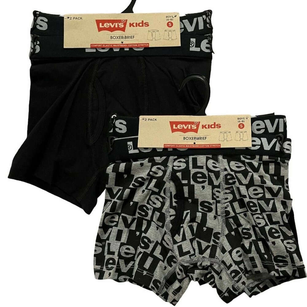 Levis Boys Soft Stretch Cotton Boxer Briefs Size S (6-8) Black‎ Gray 2-Pack